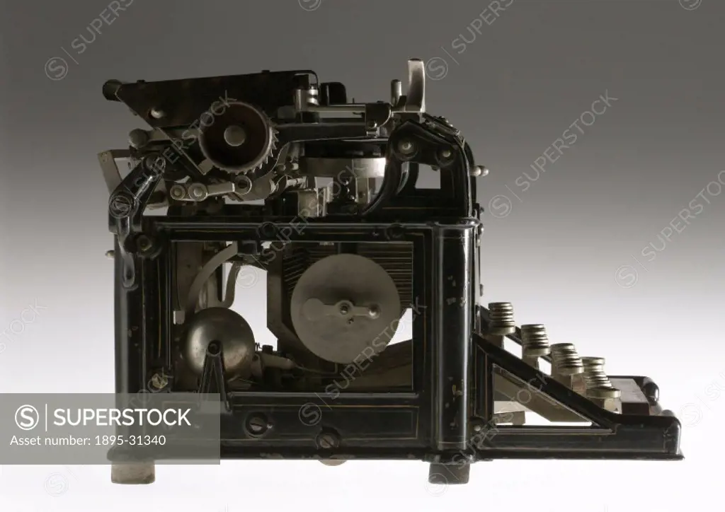 Underwood No 1 typewriter, 1897.This was the first typewriter with a writing area facing the user and type bars that stay out of sight until a key is ...