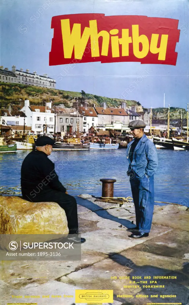 Poster produced for British Railways (BR) to promote train services to Whitby. Artwork by an unknown artist.