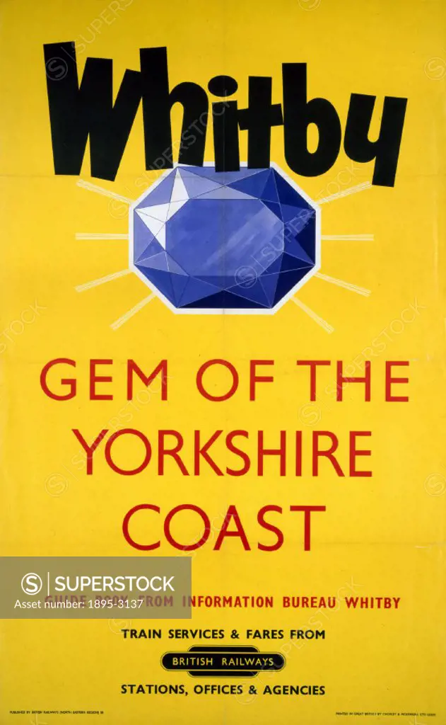 Poster produced by British Railways (BR) to pomote rail services to Whitby, gem of the Yorkshire Coast’. Artwork by an unknown artist.