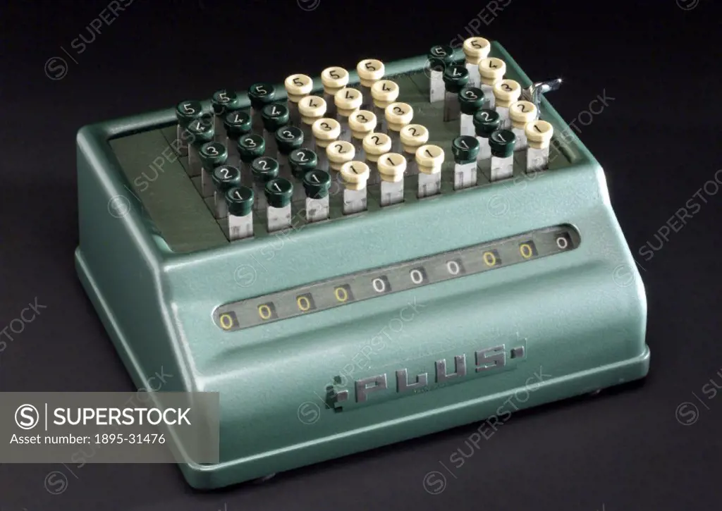 A mechanical hand calculator made by Bell Punch Company Limited, a later variant of the popular German Brunsviga lever-operated calculator. Key driven...