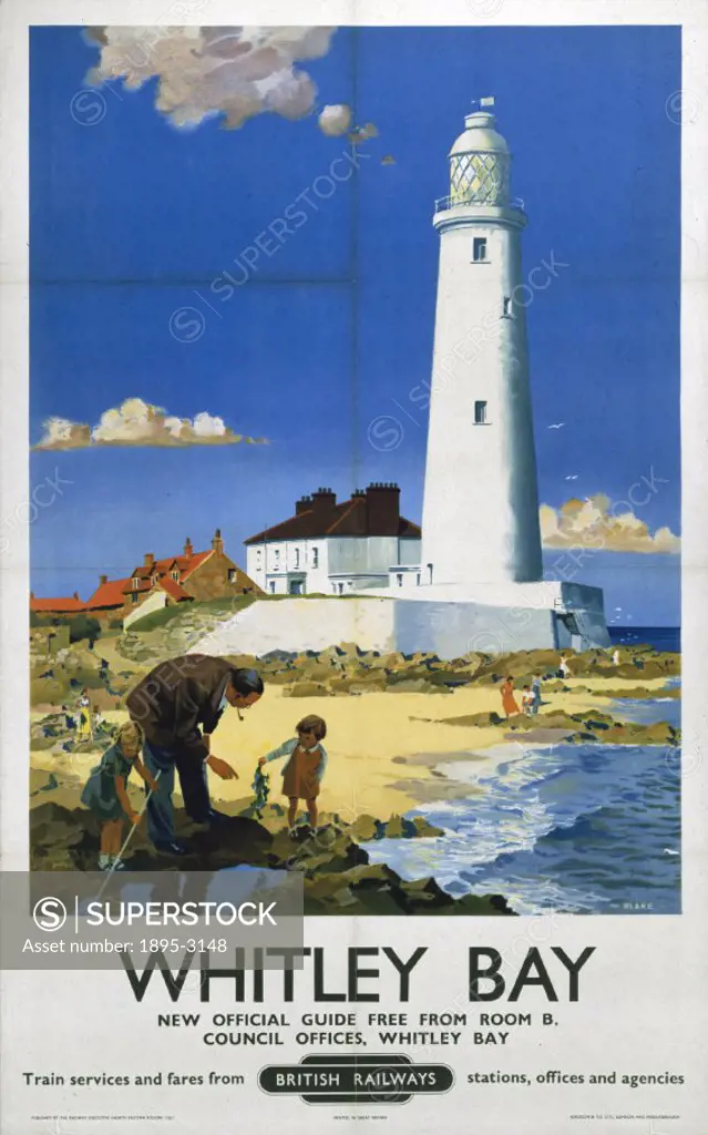 Poster produced for British Railways (BR) to promote train services to Whitley Bay, Tyne and Wear. Artwork by F Donald Blake.