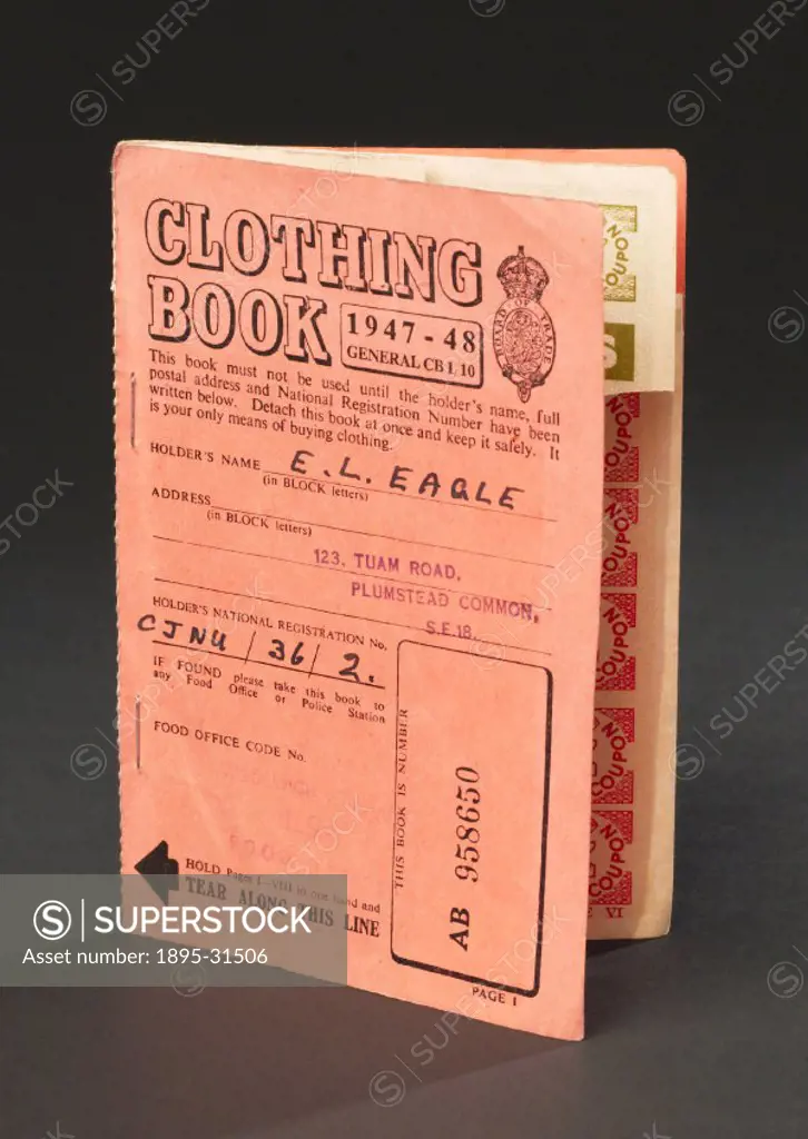 Clothing ration book belonging to E L Eagle, Number G187AB 958650m containing some magenta, olive and crimson tokens. These documents were issued to a...