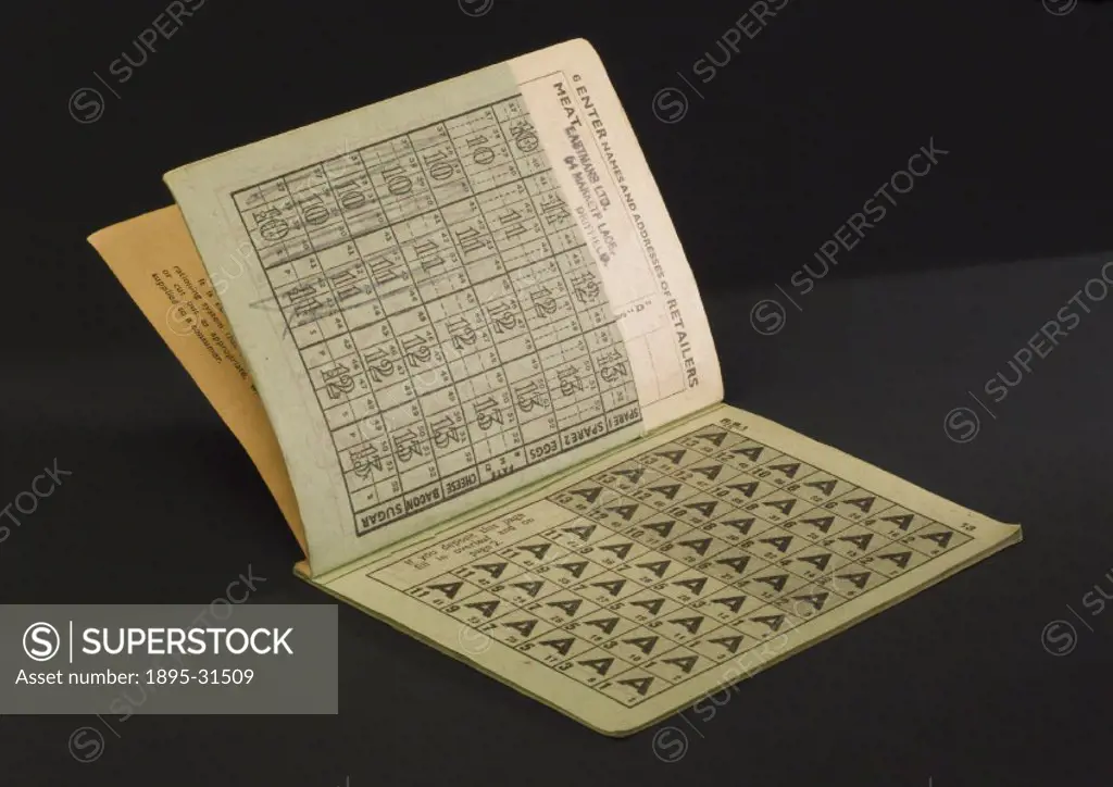 Ration book belonging to A H Stocks, No BB 977791 showing the coupons or tokens. These documents were issued to all adults in  the regulated British e...