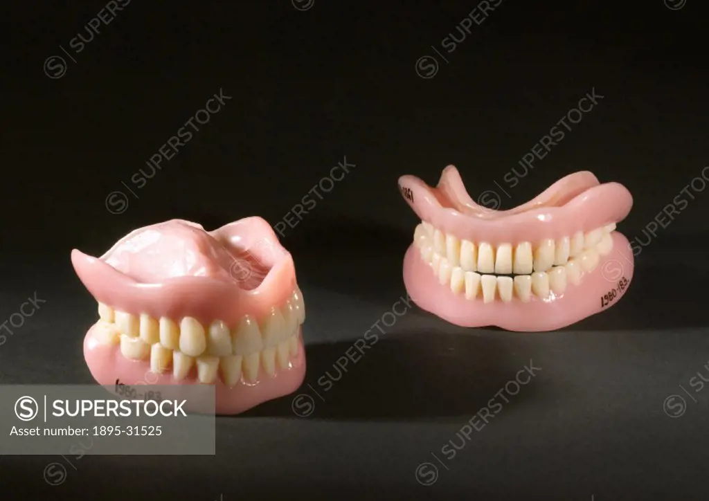 Upper and lower denture set and two odd full lower sets, 1955-1965.