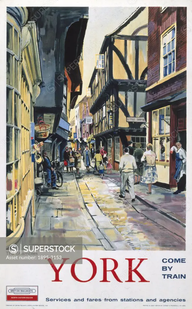 Poster produced for British Railways (BR) to promote rail travel to the city of York, Yorkshire, showing shoppers strolling through the picturesque me...