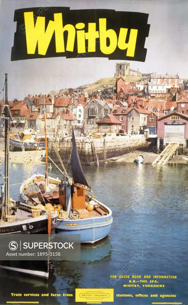Poster produced for British Railways (North Eastern Region) to promote train services to Whitby, in North Yorkshire and showing view of the harbour. P...