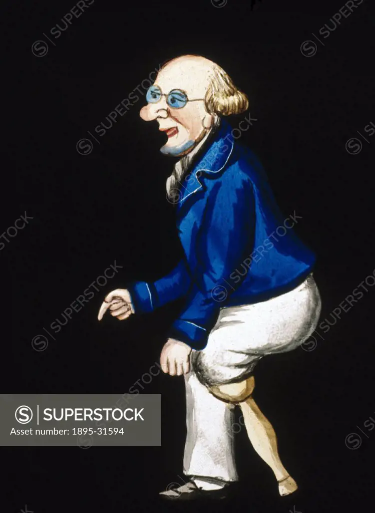 Man with a wooden leg, mid 19th century.Magic lantern slide of a man with an artificial leg. Magic lantern shows began towards the end of the 17th cen...