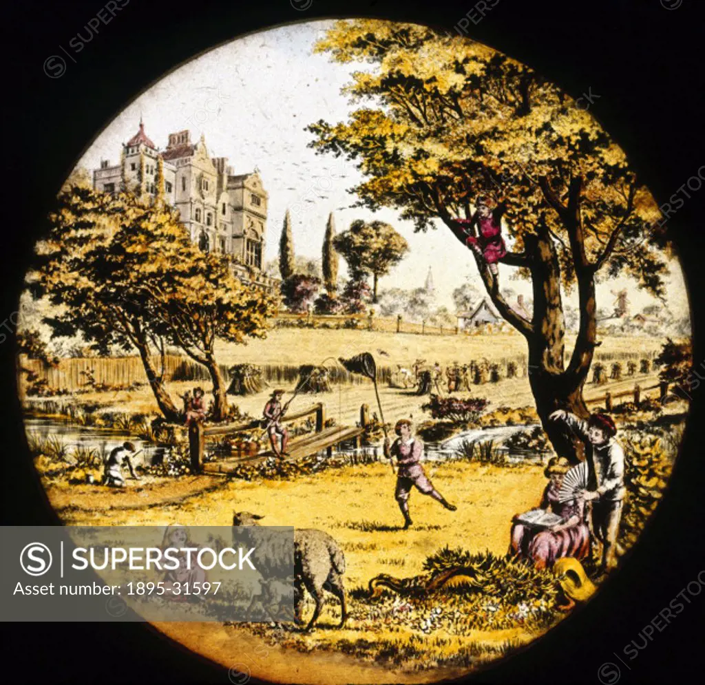 Country scene, mid 19th century.Magic lantern slide of a country scene. In the foreground there are children playing. One is up a tree, one is trying ...