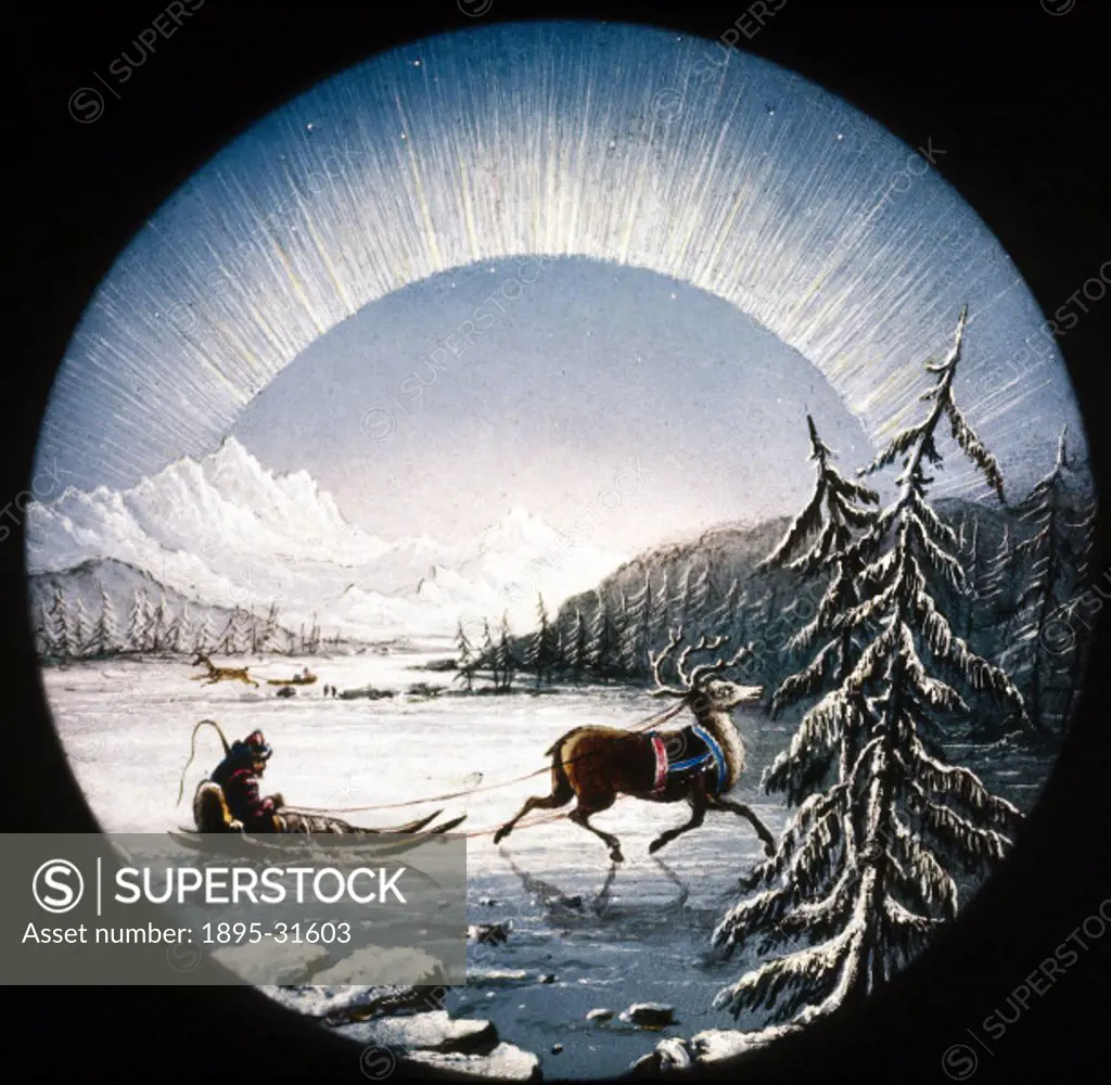 Arctic scene with reindeer and sledge, magic lantern slide, 19th century.Magic lantern slide of a beautiful snow scene with some mountains in the dist...