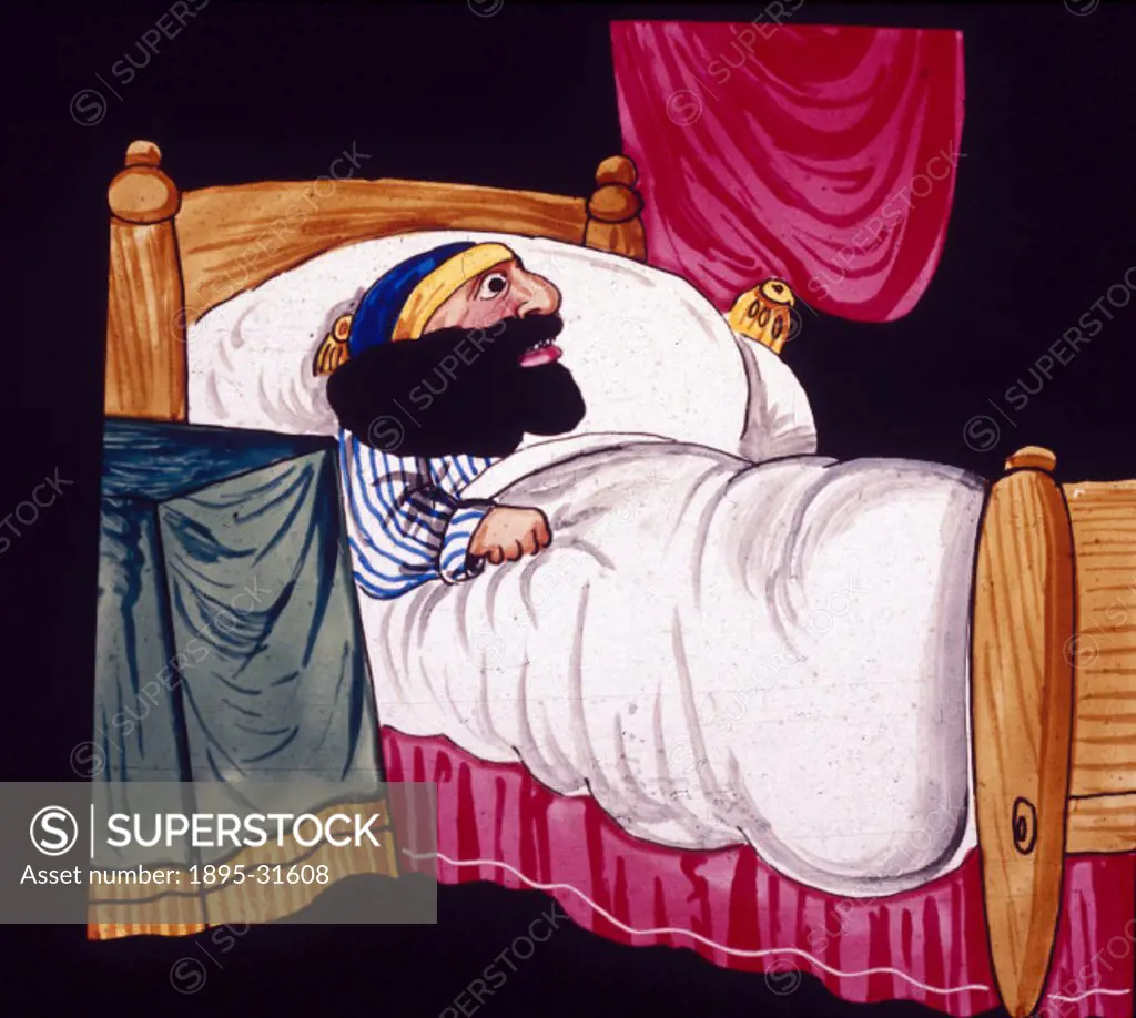 Man with a large beard in bed, mid 19th century.Magic lantern slide of a man with a very large, dark beard lying in bed. He is wearing a night-cap and...