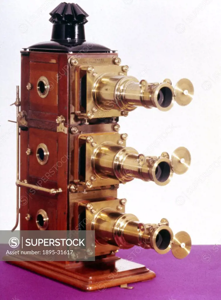 Magic lantern made by J H Steward, late 19th century.A magic lantern is an early form of slide projector. It consists of a light source inside a conta...