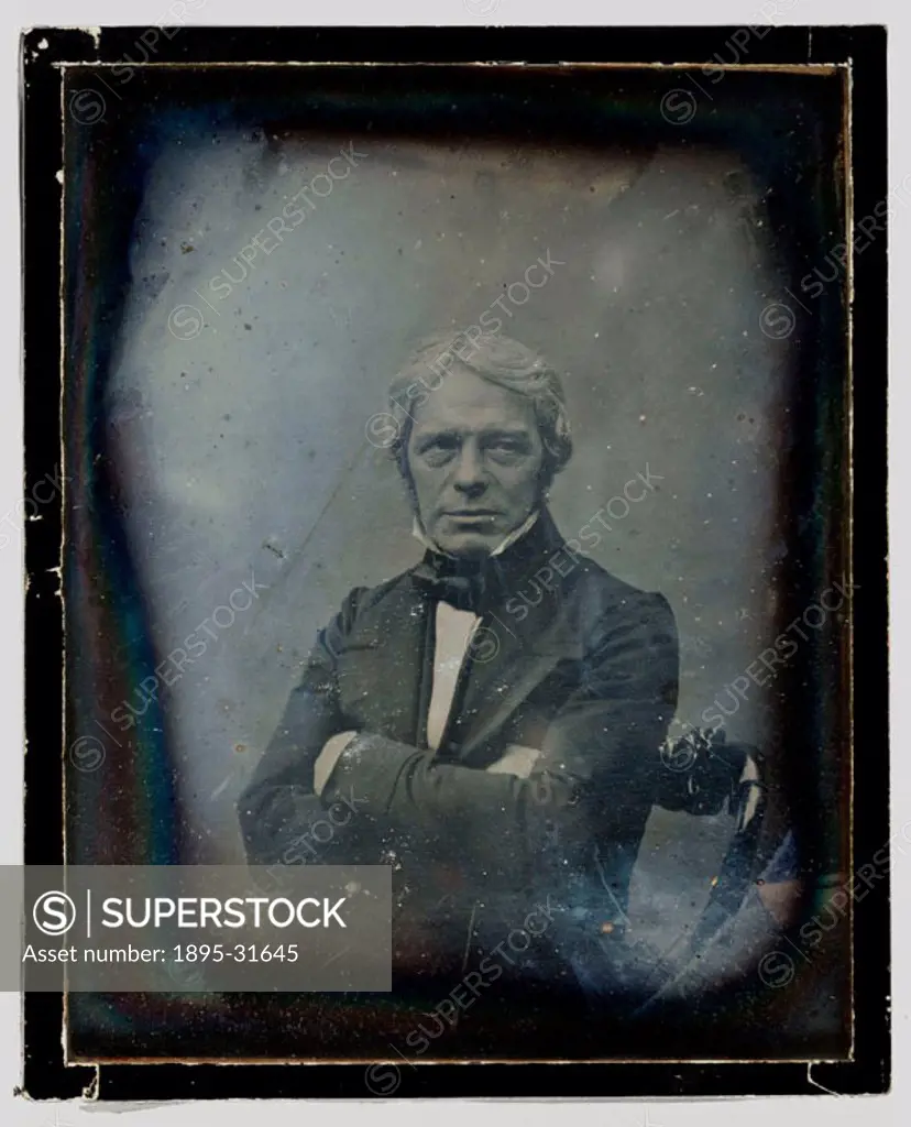 A daguerreotype portrait of Michael Faraday (1791-1867), taken by an unknown photographer in about 1848. Faraday is known for his pioneering experimen...