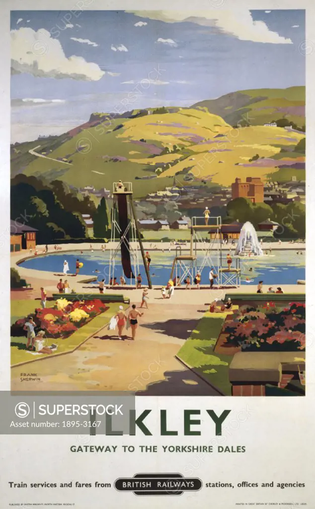Poster produced for British Railways (BR) to promote train services to Ilkley in Western Yorkshire. Artwork by Frank Sherwin.