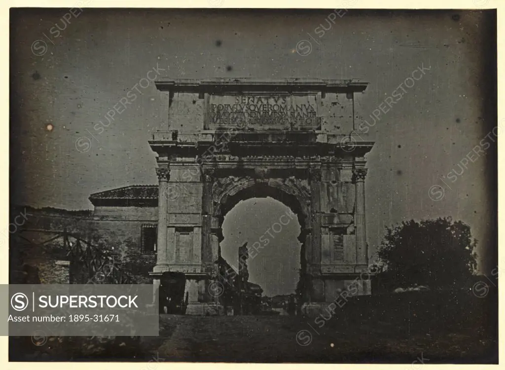 A daguerreotype of the triumphal arch of the Roman Emperor Titus 31-81 in Rome, taken by Alexander John Ellis 1818-1890, in 1841.  The arch was bu...