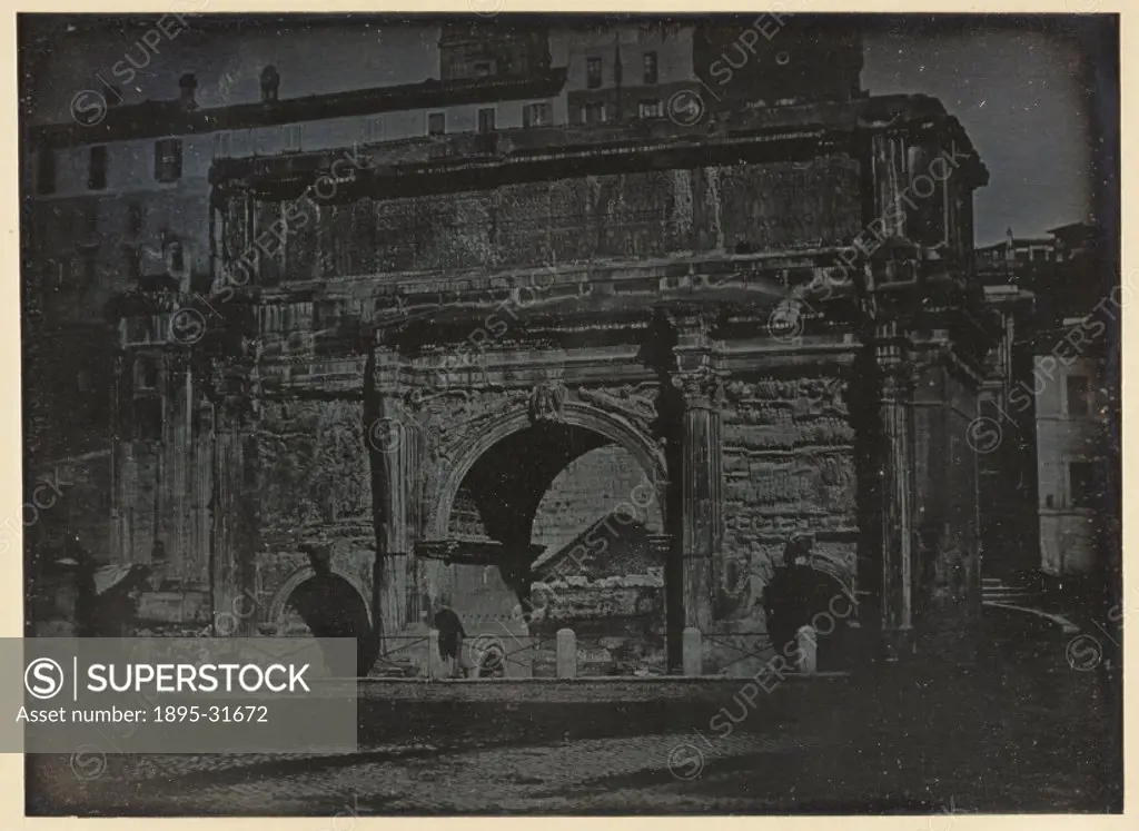 A daguerreotype of the triumphal arch of the Roman Emperor Septimus Severus 145 - 211 in Rome, taken by Alexander John Ellis 1818-1890, in 1841.  ...