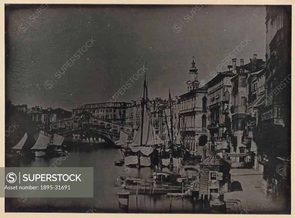 A daguerreotype taken by Alexander John Ellis, showing the Rialto Bridge and the traffic on the Grand Canal from an upstairs window in the White Lion ...