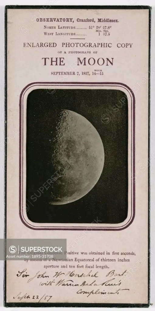 A framed, enlarged photograph of the Moon taken by Warren De La Rue on 7 September 1857. The caption reads ´The Original Collodion Positive was obtain...