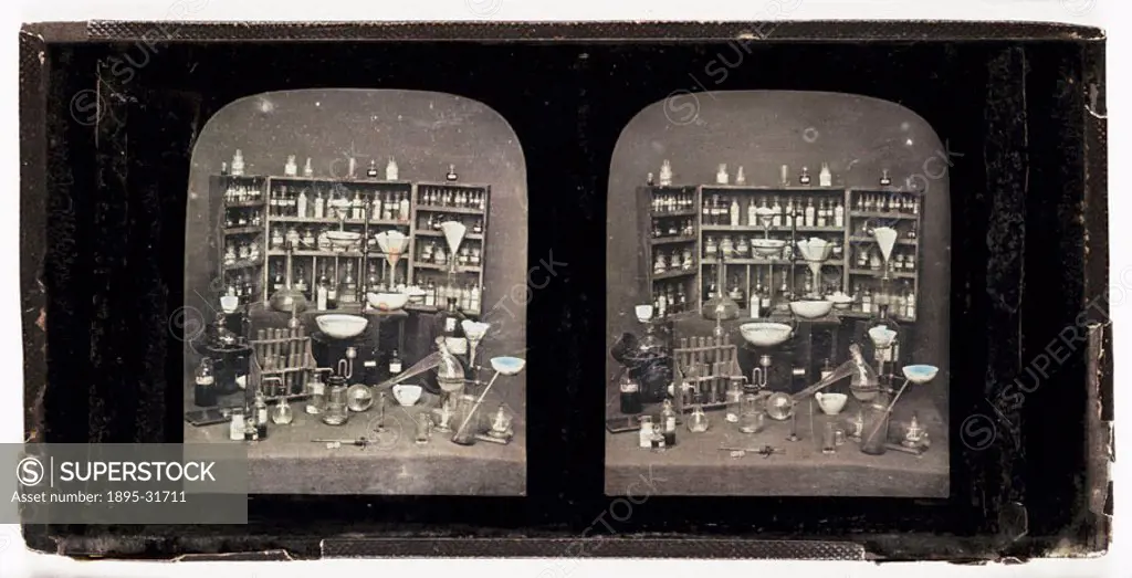 A stereoscopic daguerreotype of a display of chemicals and scientific equipment, taken by an unknown photographer in about 1852. In 1832, Sir Charles ...