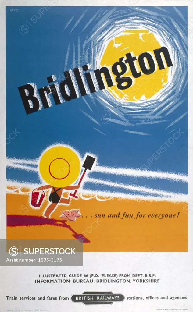Poster produced by British Railways (BR) to promote train services to Bridlington, East Riding. Artwork by Tatt.