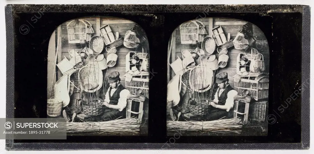 A stereoscopic daguerreotype of a man weaving a basket, taken by an unknown photographer, in about 1855.  In 1832, Sir Charles Wheatstone (1802-1875) ...