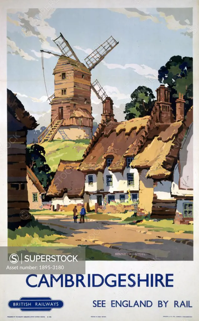 Poster produced by British Railways (BR) to promote rail services to Cambridgeshire. Artwork by Kenneth Steel (1906-1970).