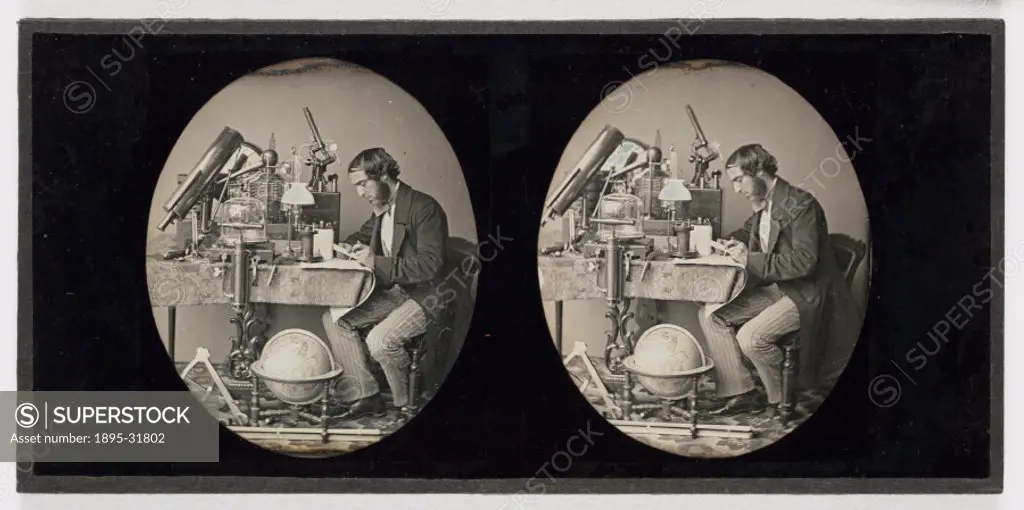 A stereoscopic daguerreotype of a scientist, surrounded by optical and scientific instruments, taken by Thomas Richard Williams (1825-1871) in about 1...