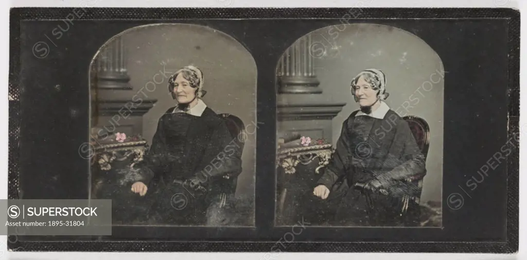 A hand-coloured stereoscopic daguerreotype of an elderly woman, taken by Thomas Richard Williams (1825-1871) in about 1855.   WIlliams began his photo...