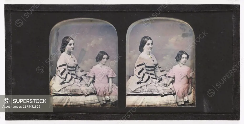 A hand-coloured stereoscopic daguerreotype of a young woman and her daughter, taken by William Kilburn (1819-1891) in about 1853.  William Kilburn ope...