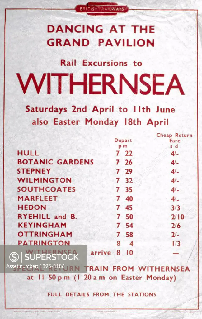 Poster produced by British Railways (BR) to promote rail excursions to Withernsea, East Riding for dancing at the Grand Pavilion. Artwork by an unknow...
