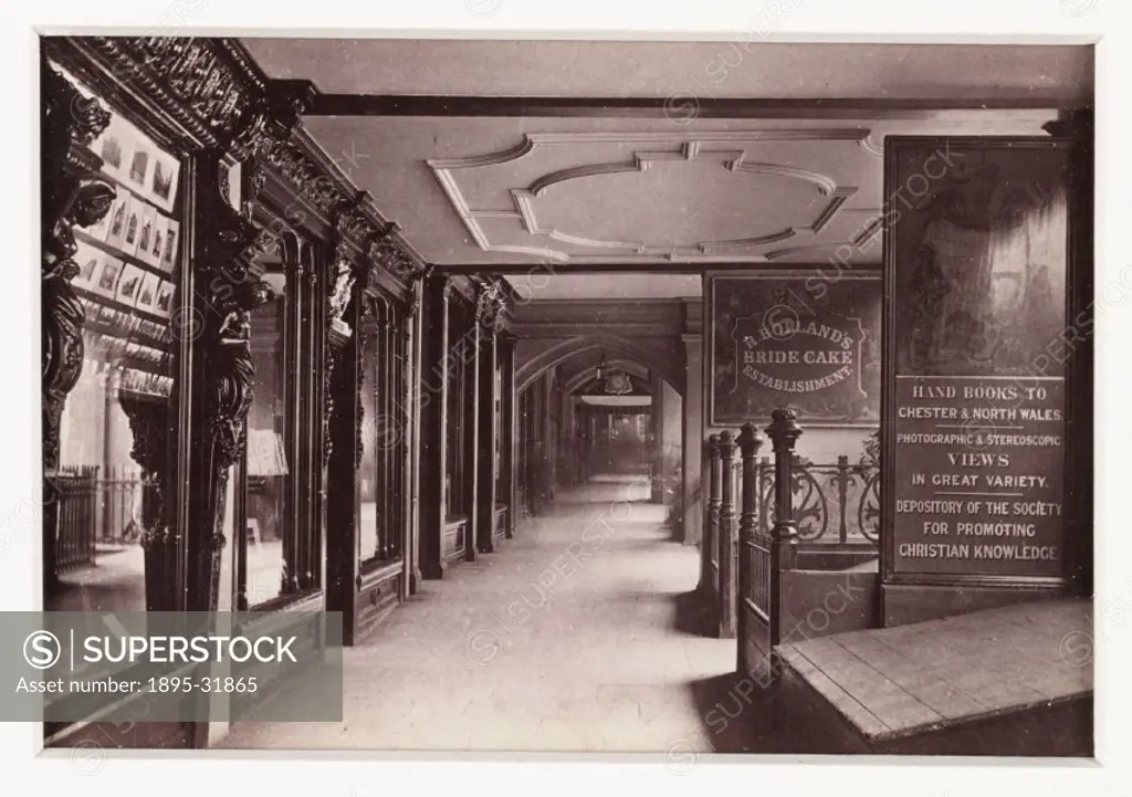 A photographic view of the covered Eastgate Row in Chester, published by Francis Bedford & Co, in about 1880.  In this covered walkway various shop wi...