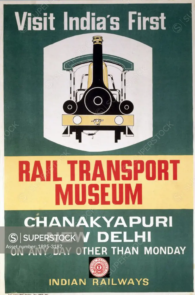Indian Railways poster. ´Visit India´s First Rail Transport Museum, Chanakyapuri, New Delhi´.