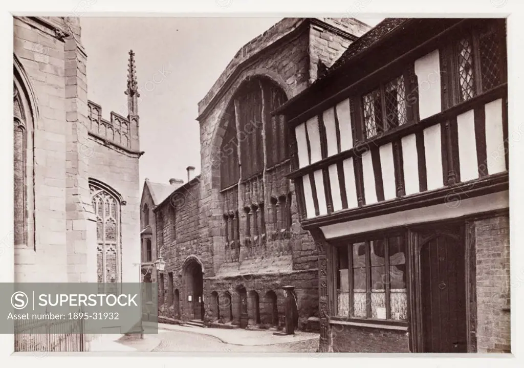 A photographic view of St. Mary´s Hall in Coventry, with St. Michael´s cathedral (bombed during World War Two) to the left and the tudor built 22 Bayl...
