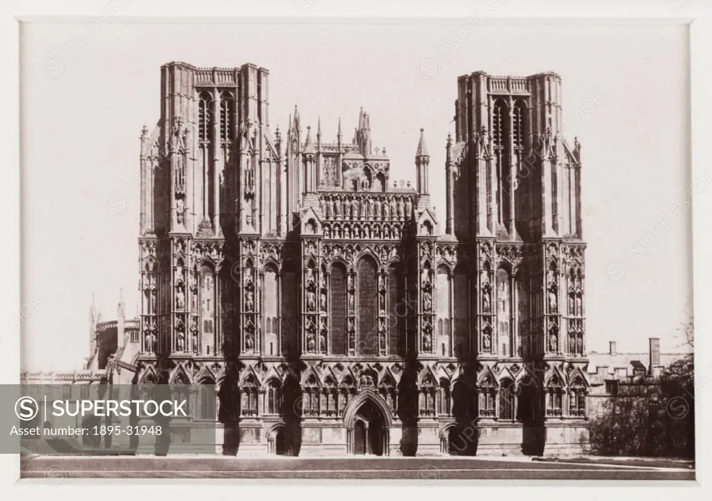 A photographic view of the West front of Wells Cathedral, published by Francis Bedford & Co, in about 1880.  Construction of the cathedral began in 11...
