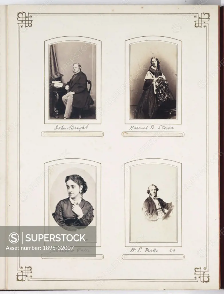 A page from an album of carte-de-visite portraits, dating from about 1865. This page contains portraits of John Bright (1811-1889), Harriet Beecher St...