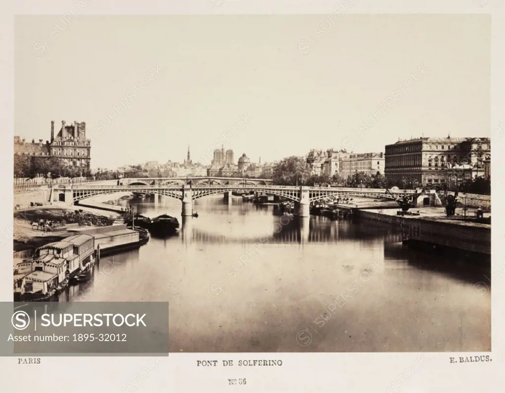 A photograph of  the Pont de Solferino crossing the River Seine, Paris, taken by Edouard-Denis Baldus (1813-1882) in about 1865. Looking down the rive...