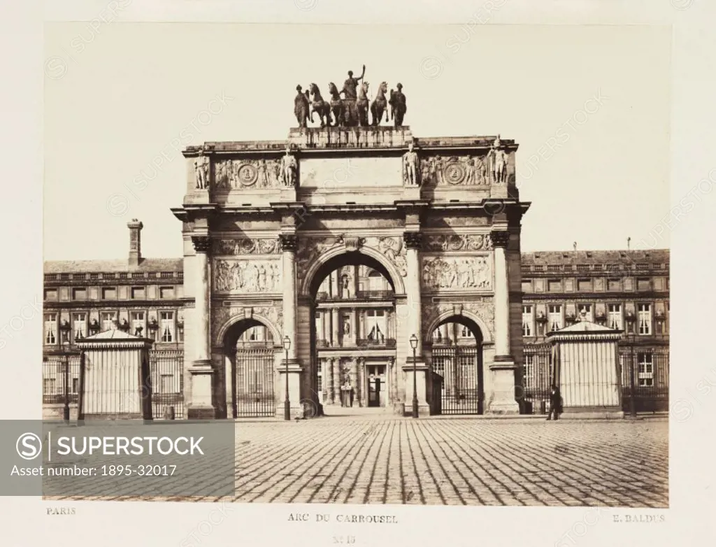 A photograph of the Arc du Carrousel, in front of the Palais de Tuileries in Paris, taken by Edouard-Denis Baldus (1813-1882) in about 1865. The bronz...