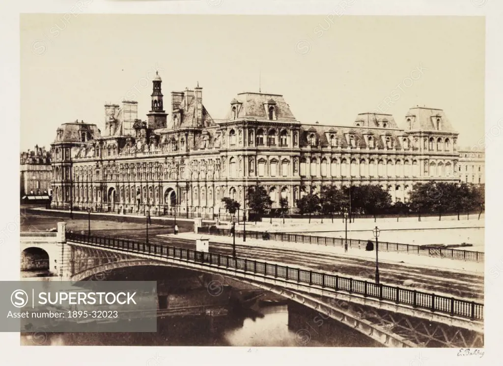 A photograph of the Hotel de Ville (Town Hall), Paris, taken by Edouard-Denis Baldus (1813-1882) in about 1865. Taken fom across the River Seine, this...