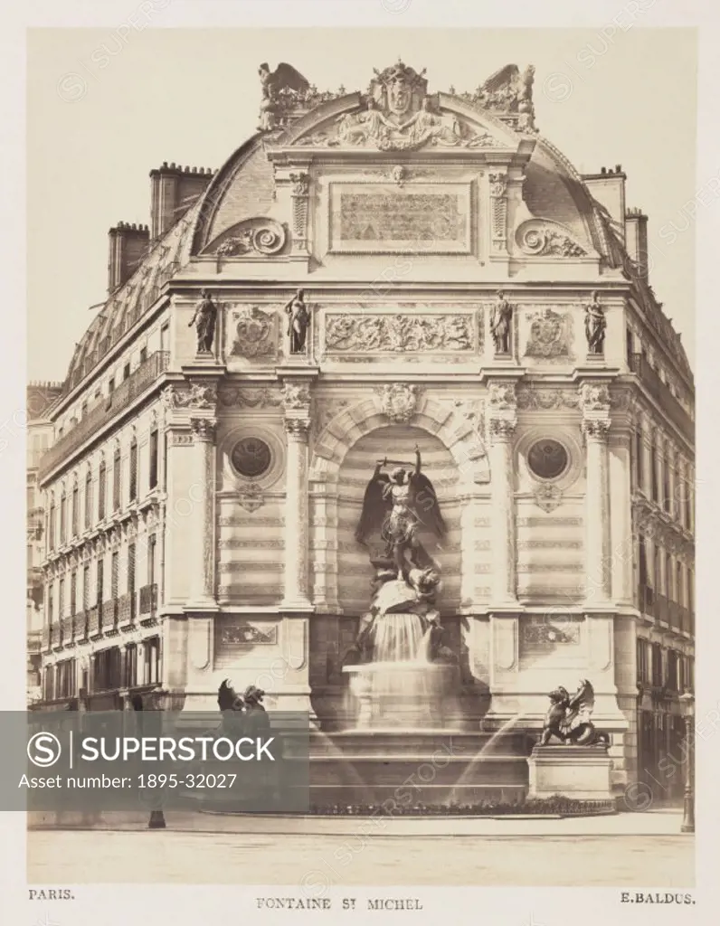 A  photograph of the Fontaine Saint-Michel, Paris, taken by Edouard-Denis Baldus (1813-1882) in about 1865. Located in the Place St Michel, the centre...