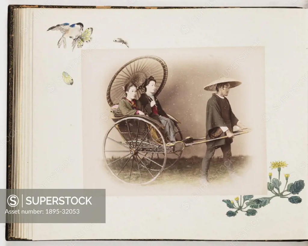 A hand-coloured photograph of a rickshaw carrying two young women, taken by an unknown photographer in Japan in about 1895. This photograph is from an...