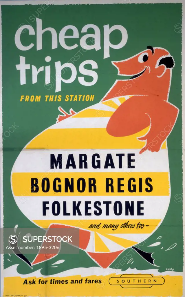 Cheap Trips from this Station to Margate, Bognor Regis and Folkestone´, poster produced for British railways (Southern Region) to promote their cheap...