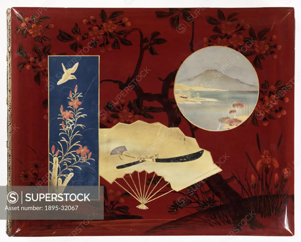 The front cover of an album of hand-coloured photographs, produced in Japan in about 1895. The  album depicts Japanese people, customs and scenery.   ...