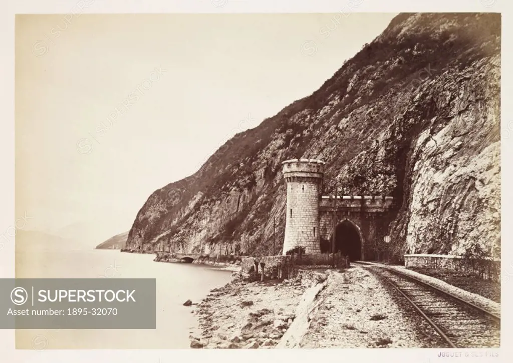 A photograph of the entrance to a railway tunnel on the shores of Lac du Bourget in the Alpine region of France, taken by Joguet et Fils in about 1865...