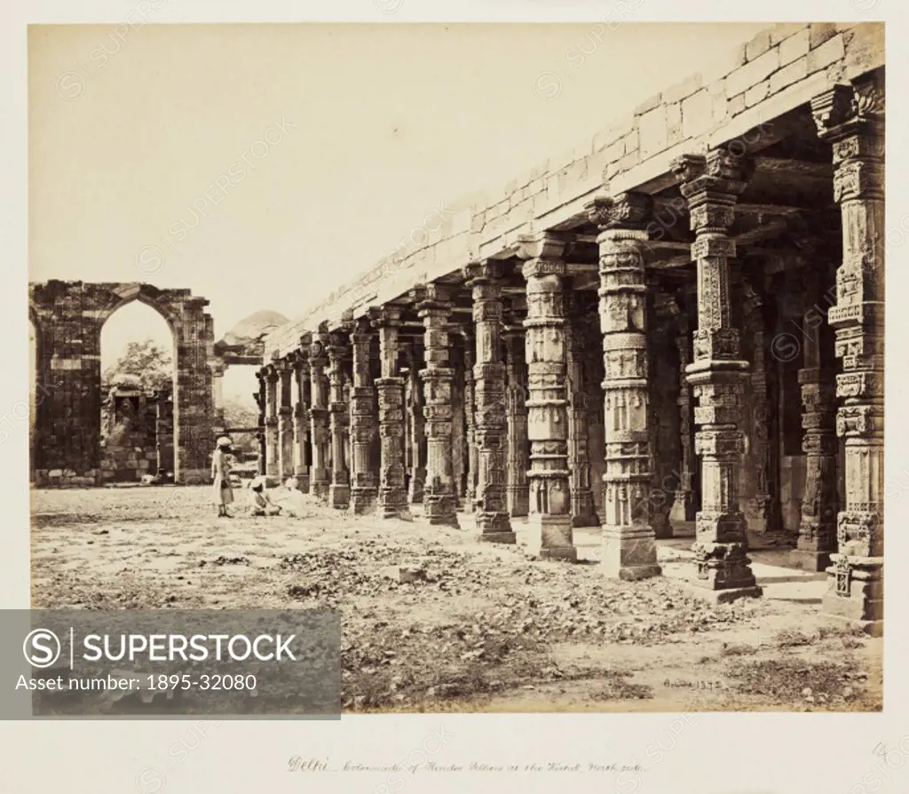 A photograph of the courtyard and colonnade of pillars of a Hindu Temple in India, taken by Samuel Bourne (1834-1912), in about 1865.  Samuel Bourne w...