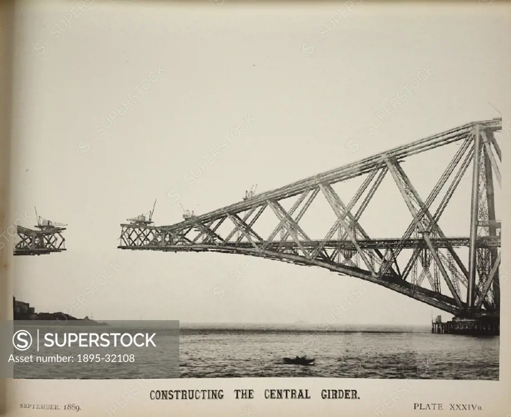 Photograph showing the construction of the central span to the Forth Railway Bridge, from ´The Forth Bridge In Its Various Stages Of Construction And ...
