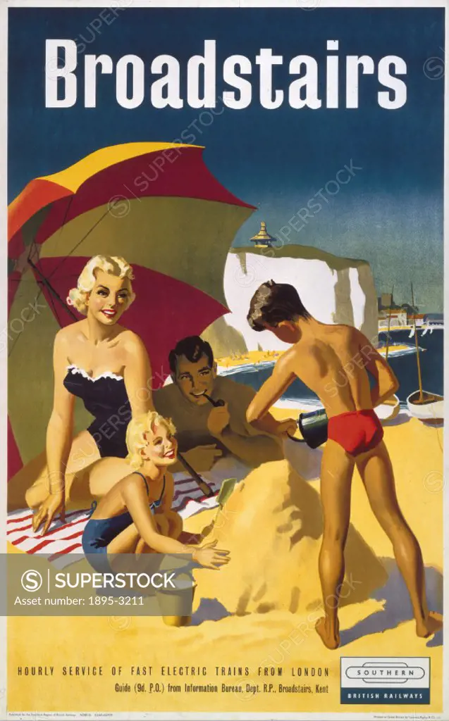 Poster produced by British Railways (BR) to promote train services to Broadstairs in Kent. Artwork by an unknown artist.