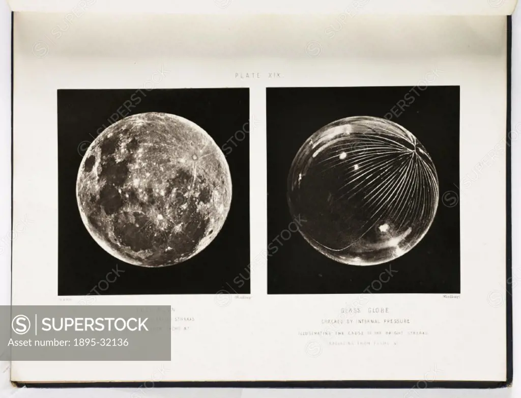 Two Woodburytype photographs, one entitled ´Full Moon Exhibiting the Bright Streaks Radiating from Tycho etc.´, and he other ´Glass Globe Cracked by I...