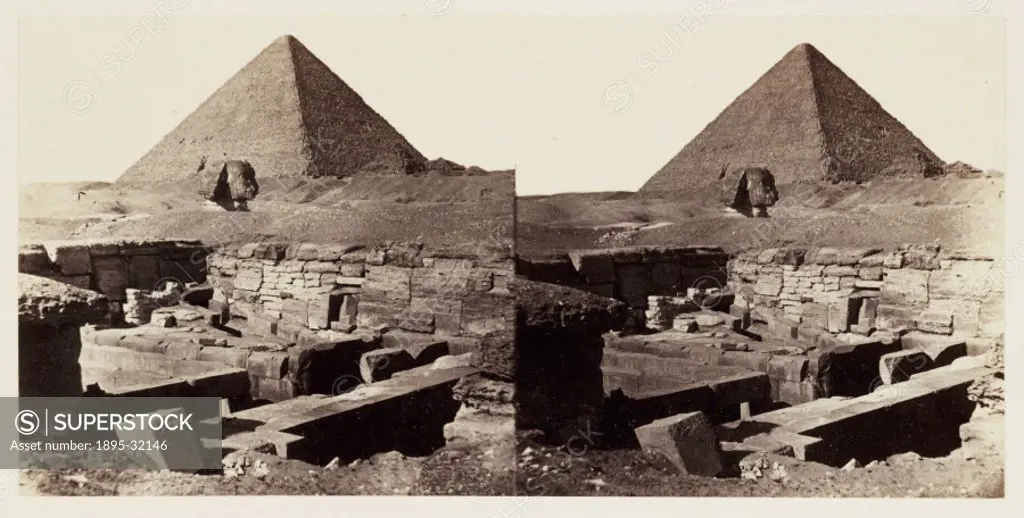 A stereoscopic photograph of the Great Pyramid and Sphinx at Giza, Egypt, taken in 1859 by Francis Frith (1822-1898). This is from a series of one  hu...