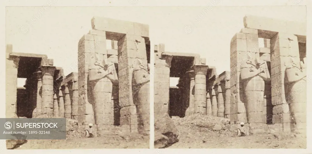 A stereoscopic photograph of Osiride columns at the Ramesseum Temple at Thebes, Egypt, taken in 1859 by Francis Frith (1822-1898). This is one of one ...