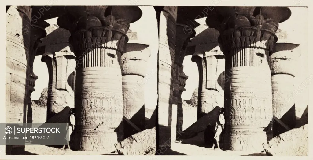 A stereoscopic photograph of palm-leaf topped columns at the Temple of Kom Ombo, Egypt, taken in 1859 by Francis Frith (1822-1898). Francis Frith was ...