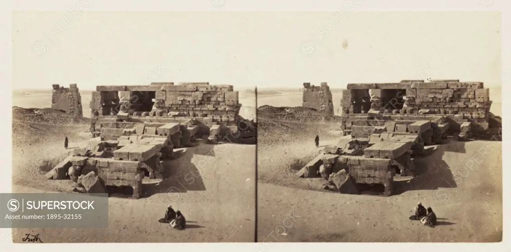 A stereoscopic photograph of the ruined Temple of Kom Ombo, Egypt, partly buried in sand, taken in 1859 by Francis Frith (1822-1898). This image is fr...